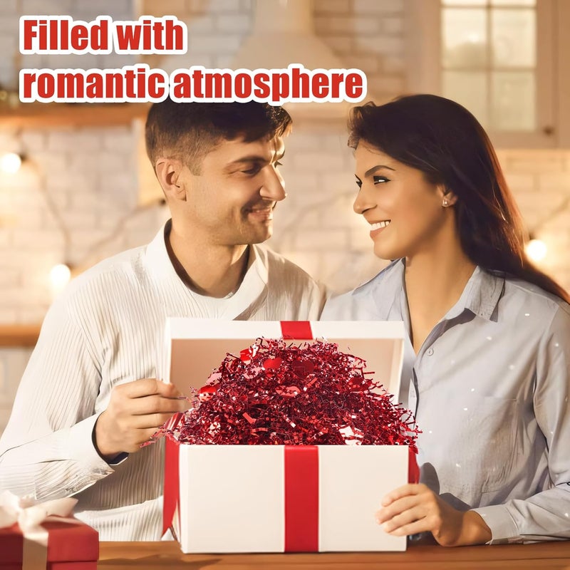 TORONTOKYO 32oz Valentine's Day Crinkle Cut Paper Shred, Red Metallic Raffia Paper Shred Filler Grass with Red Heart Confetti for Gift Wrapping, Basket Filling, Wedding, Party Supply - Image 5
